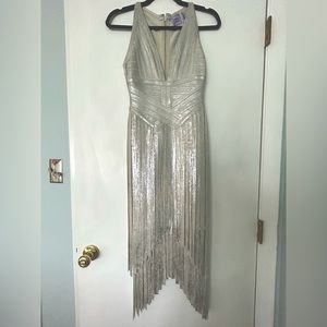 Herve Leger silver foil fringed midi dress size XS